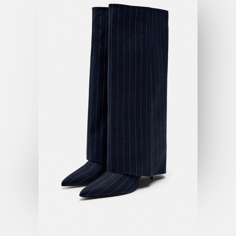 COPY - Zara NWT Women's Navy Blue Pinstripe Fabric Knee High Heeled Boots US 8 …
